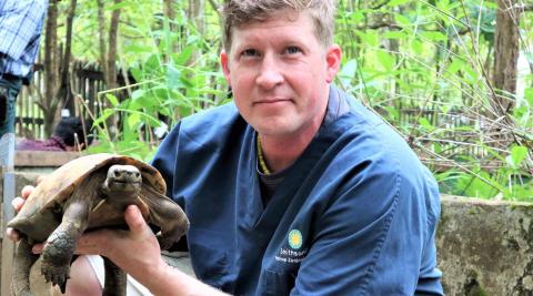 Reptile Discovery Center assistant curator Matt Evans holds an Arakan forest turtle. Matt Evans holding a turtle at a facility in Myanmar.